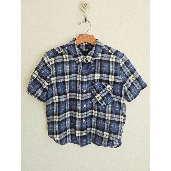 Forever 21 Blue White Plaid Cropped Button Down Shirt Short Sleeve Casual - Picture 2 of 12
